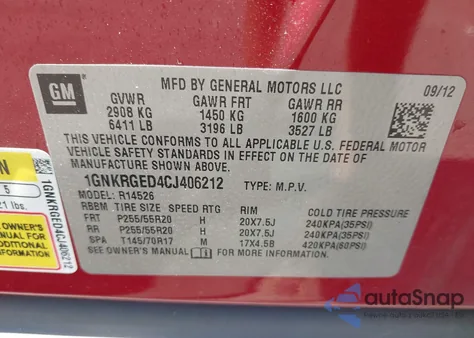 2012 Chevrolet Traverse 1Lt from USA, damaged, VIN 1GNKRGED4CJ406212